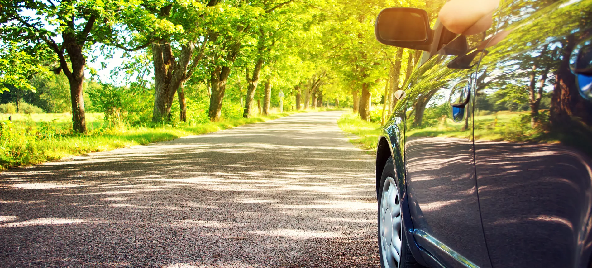 Nærbilde av bil som kjører på vei med grønne trær og sol