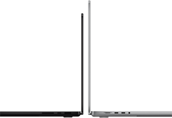 MacBook Pro 14-tommers og 16-tommers med baksidene mot hverandre for å vise de ulike størrelsene og den smale profilen