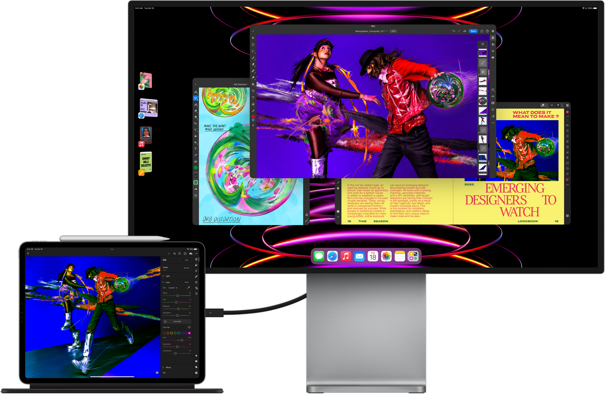 iPad Pro som viser Adobe Lightroom-appen og som er koblet til en ekstern skjerm som viser multitasking med Stage Manager