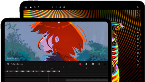 13-tommers iPad Pro og 11-tommers iPad Pro i fargen stellarsvart vises forfra i liggende retning. Enhetene har avrundede hjørner og svart kant rundt skjermen. 11-tommers skjerm viser et fargesterkt bilde av en figur med rødt hår, og 13-tommers skjerm viser fargerike elementer i et grensesnitt for bilderedigering.