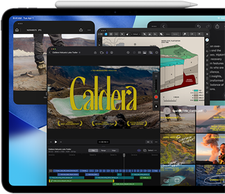 En iPad Pro i fargen stellarsvart vises forfra i liggende retning, og en Apple Pencil hviler på toppen av enheten. På skjermen vises flere appvinduer som er stablet, blant annet Final Cut Pro med flere videoredigeringsfunksjoner og en tidslinje, Kart-appen, Notater-appen og diverse medieklipp.