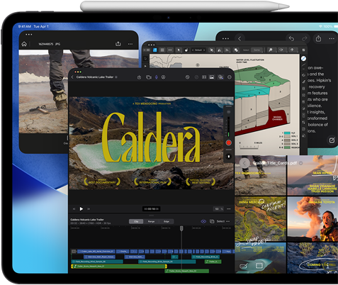 En iPad Pro i fargen stellarsvart vises forfra i liggende retning, og en Apple Pencil hviler på toppen av enheten. På skjermen vises flere appvinduer som er stablet, blant annet Final Cut Pro med flere videoredigeringsfunksjoner og en tidslinje, Kart-appen, Notater-appen og diverse medieklipp.