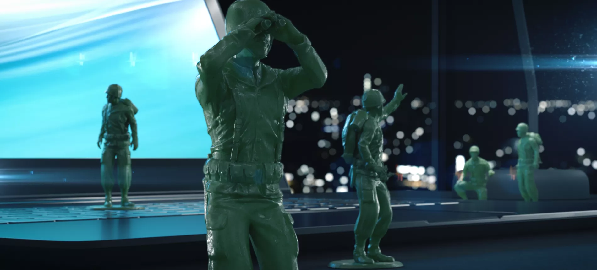 Grønne, animerte sikkerhetssoldater som passer på en datamaskin