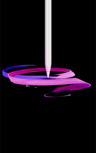 En Apple Pencil Pro i fargen hvit vises fra siden i stående retning. Enheten tegner abstrakte bånddesign i lilla og rosa.