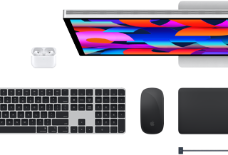 Mac-tilbehør: AirPods, Studio Display, Magic Keyboard, Magic Mouse, Magic Trackpad, MagSafe-ladekabel i stellarsvart