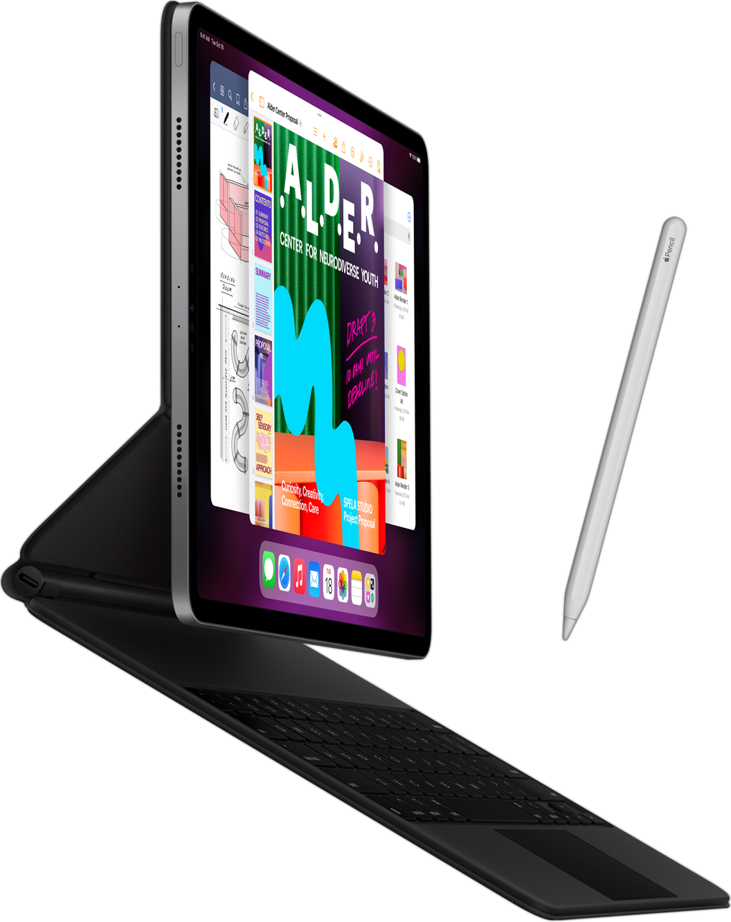 iPad Pro med Smart Keyboard Folio og Apple Pencil, sett fra siden