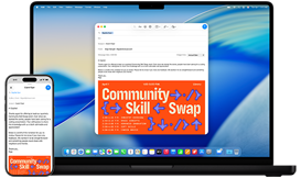 iPhone 16 og 14-tommers MacBook Pro — iPhone-skjermen viser en e-post som blir skrevet og det samme vises på skjermen på MacBook Pro.
