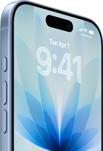 iPhone 17, fra forsiden, i fargen duggblå, Dynamic Island i midten, knapper: handlingsknapp, volum