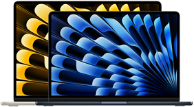 Viser skjermstørrelsene på 13-tommers og 15-tommers MacBook Air forfra (målt diagonalt)