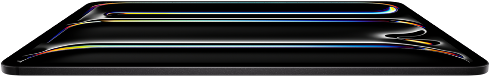 iPad Pro i fargen stellarsvart vises forfra. Enheten er laget av aluminium og glass og har en tynn profil. Den er vippet bakover og skjermen viser en strekgrafikk i ulike farger.