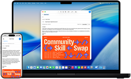 iPhone 16 og 14-tommers MacBook Pro — iPhone-skjermen viser en e-post som blir skrevet og det samme vises på skjermen på MacBook Pro.