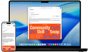 iPhone 16 og 14-tommers MacBook Pro — iPhone-skjermen viser en e-post som blir skrevet og det samme vises på skjermen på MacBook Pro.