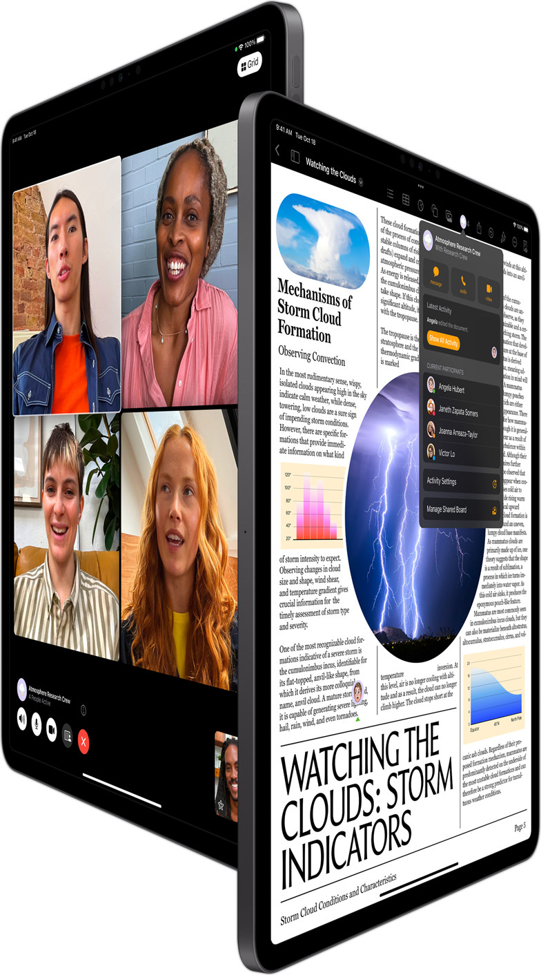 Gruppesamtale på FaceTime og samarbeid i Pages vist på to iPad Pro-enheter