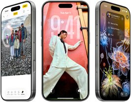 3 iPhone 17 Pro-modeller, fra forsiden, side om side, viser iOS 26, Liquid Glass og Apple Intelligence-funksjonen