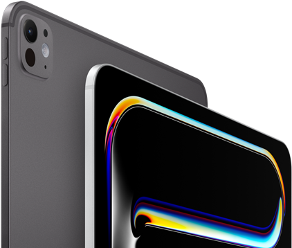 En iPad Pro i fargen stellarsvart vises fra baksiden. Enheten har volumknapper og avansert kamerasystem. En iPad Pro i fargen sølv vises fra forsiden. Enheten har avrundede hjørner og svart kant rundt skjermen, som viser en svart bakgrunn med abstrakt strekgrafikk i ulike farger.