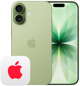 iPhone 17, fra baksiden, i salviegrønn finish, Fusion dobbelt kamerasystem, fra forsiden, Dynamic Island, tynn svart ramme rundt skjermen, AppleCare+-logo