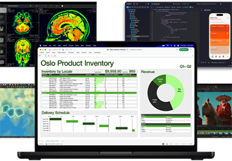 En rekke arbeidsrelaterte dokumenter fra excel, Safari, dataanalyser og bilderedigeringsapper på Mac, som viser Macens gode grafiske ytelse.