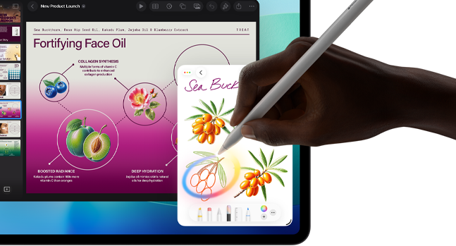 En iPad Pro vises forfra. På skjermen vises en bakgrunn med mørkeblå og grønn fargeforløpning og flere åpne apper. En hånd tegner en skisse med Apple Pencil Pro som blir omgjort med Apple Intelligence-funksjonen Bildemagi.