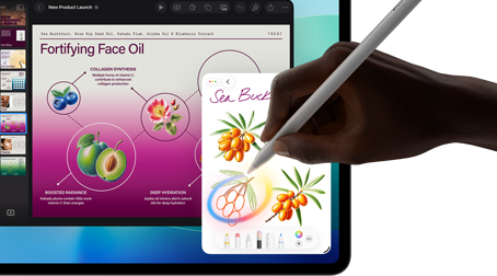 En iPad Pro vises forfra. På skjermen vises en bakgrunn med mørkeblå og grønn fargeforløpning og flere åpne apper. En hånd tegner en skisse med Apple Pencil Pro som blir omgjort med Apple Intelligence-funksjonen Bildemagi.